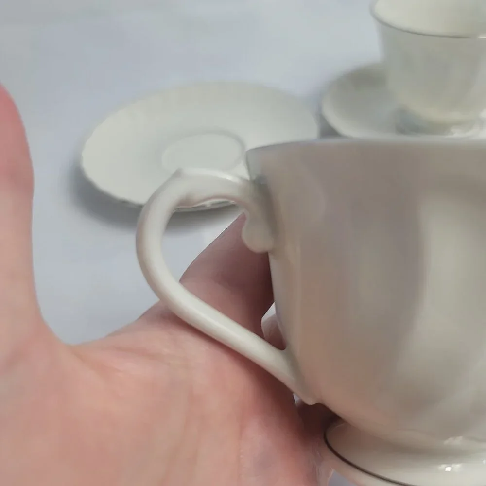 TWO Syracuse China Wedding Ring Cup & Saucer Sets White with Platinum Trim